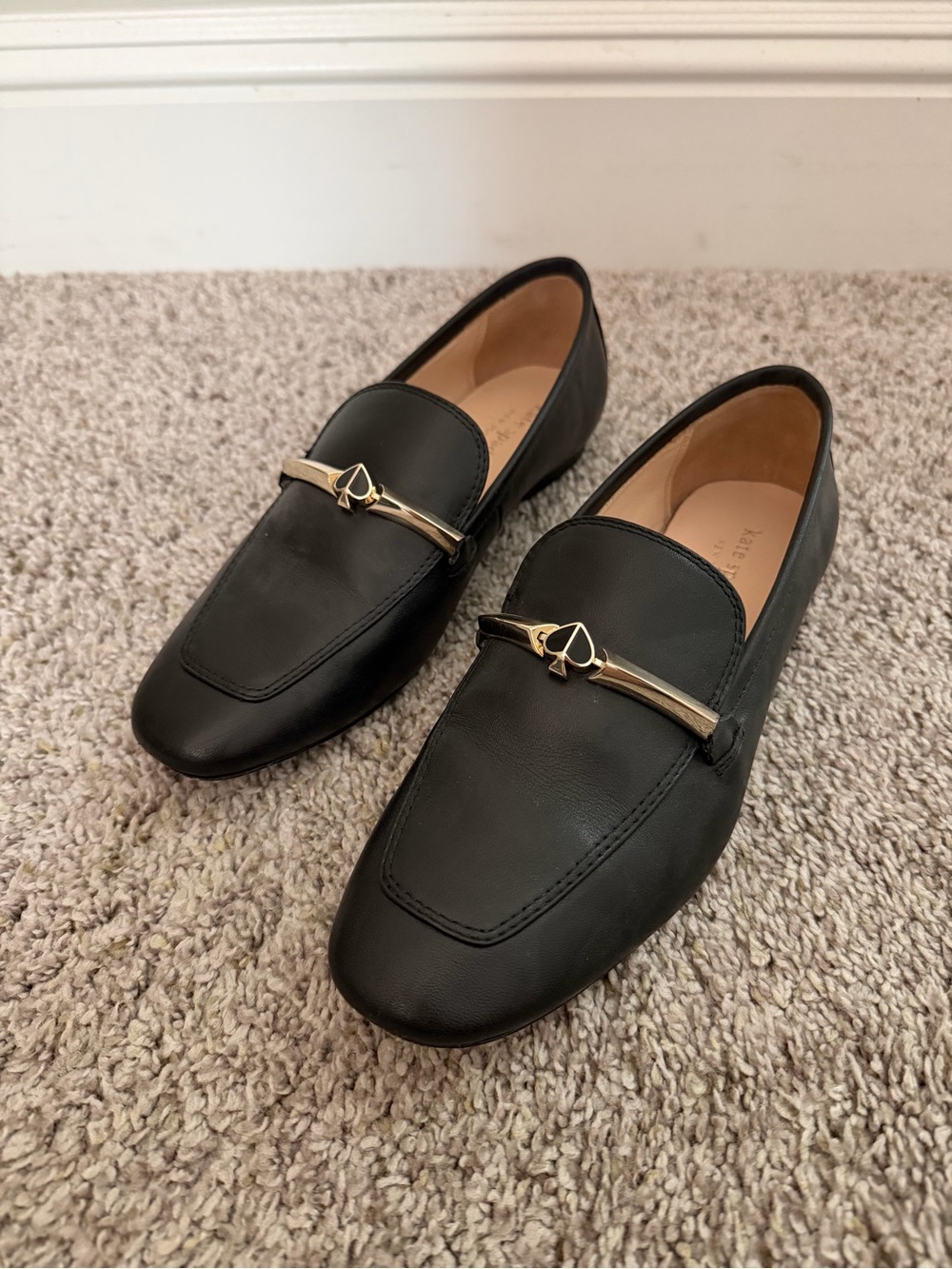 Kate Spade Black Leather Loafers with Gold Spade Accent